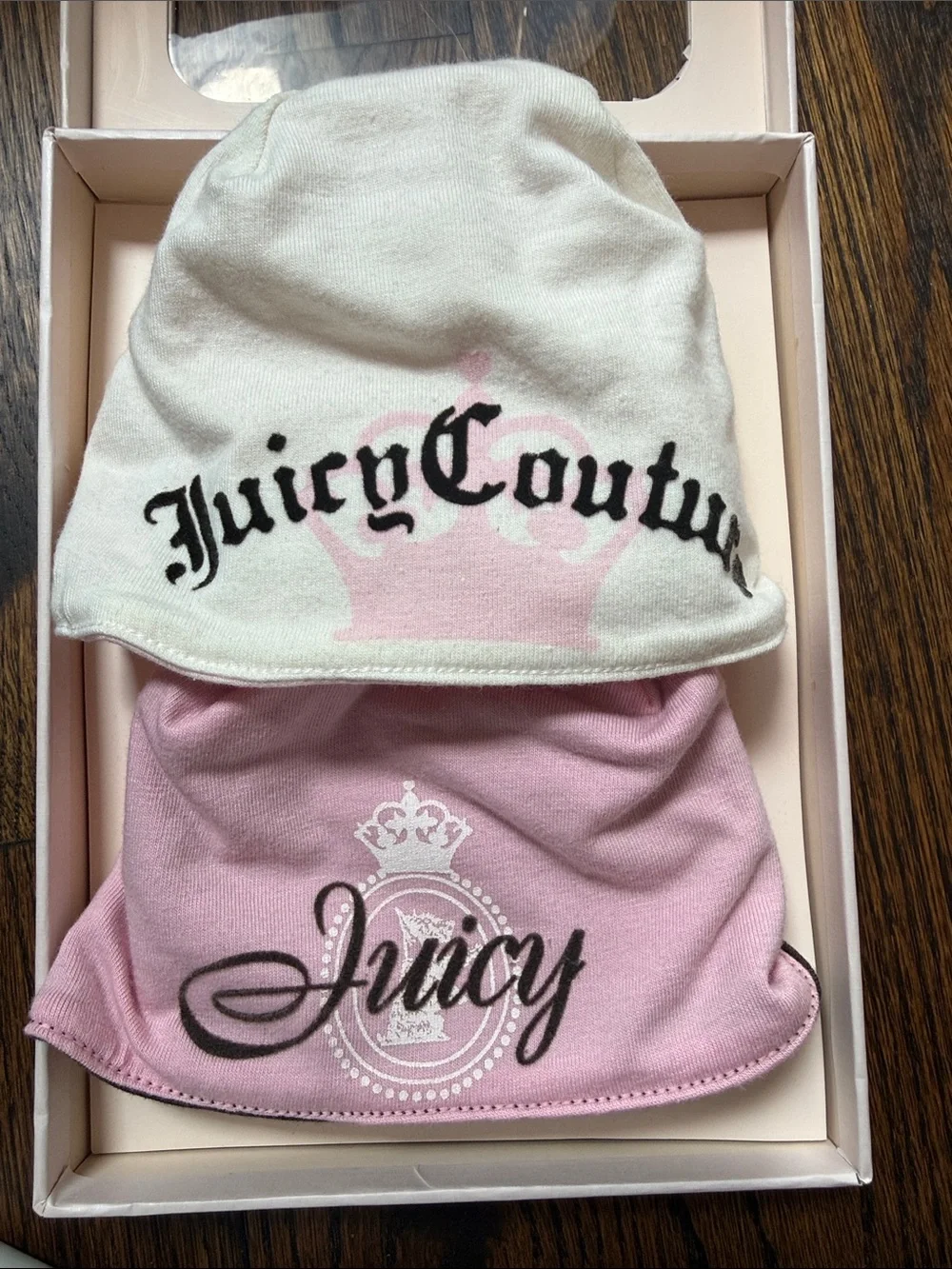 Juicy Couture Two Reversible Baby Girl Beanies 0-6 Months
